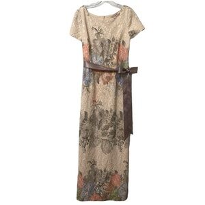 Adrianna Papell Matelassé Floral Jacquard Column Blush Floral Gown